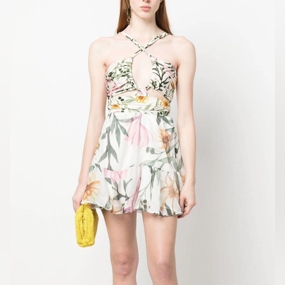 PatBO Dresses & Skirts - PatBo Jasmine Cutout Mini Dress Sexy Honeymoon Floral Ruffle Criss Cross Large